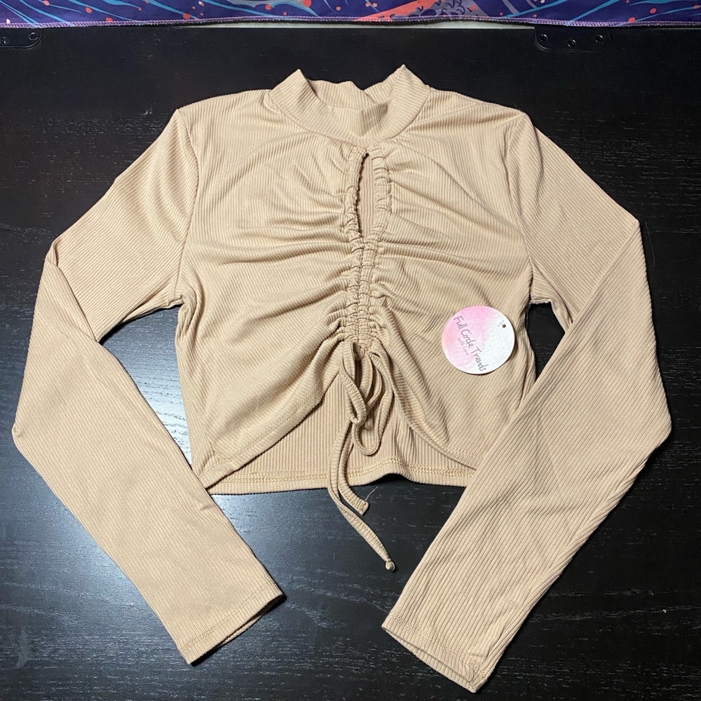 Stylish Tan Ruched Longsleeve Crop Top